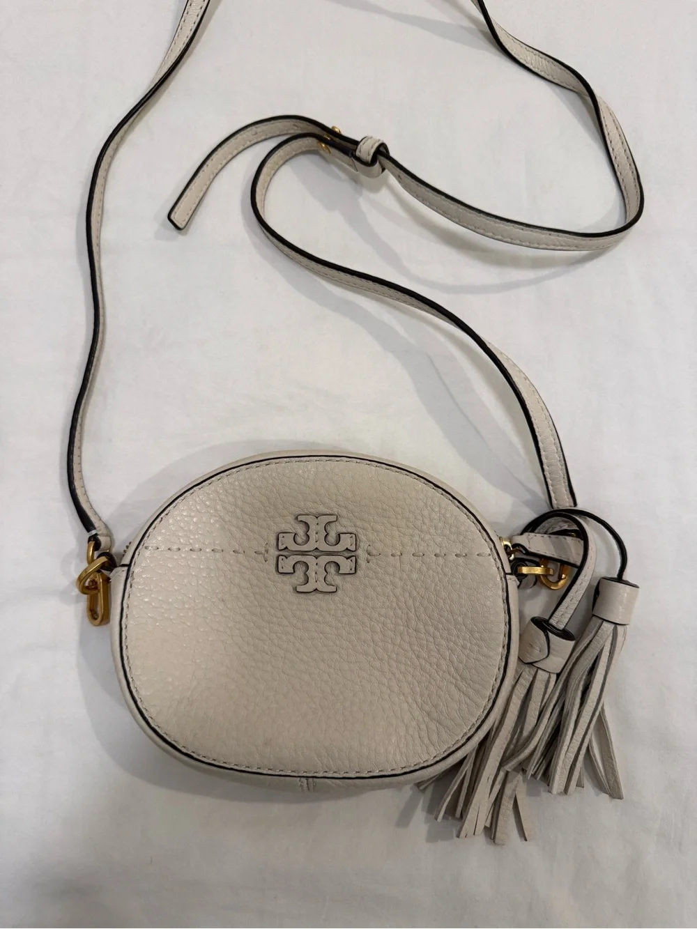Tory Burch Pebbled Leather Crossbody in Light Cream with Tassel